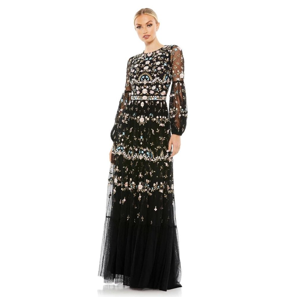 Mac Duggal Embroidered Floral Long Sleeve Gown in Black 8 Womens Dress